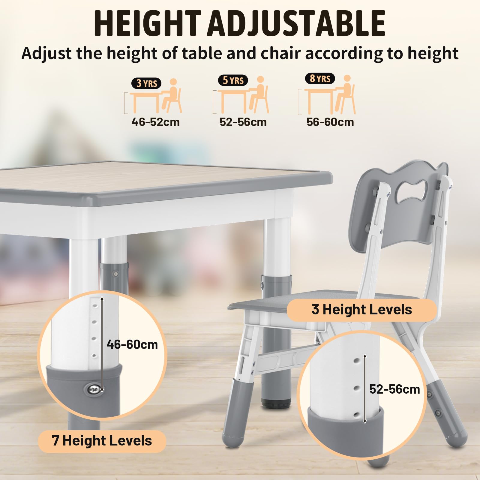 Table pour enfant avec 2 chaises, groupe de sièges pour enfants réglable en hauteur en HDPE & ABS, table de jeu multifonctionnelle pour enfants de 2 à 10 ans, ensemble table et chaise