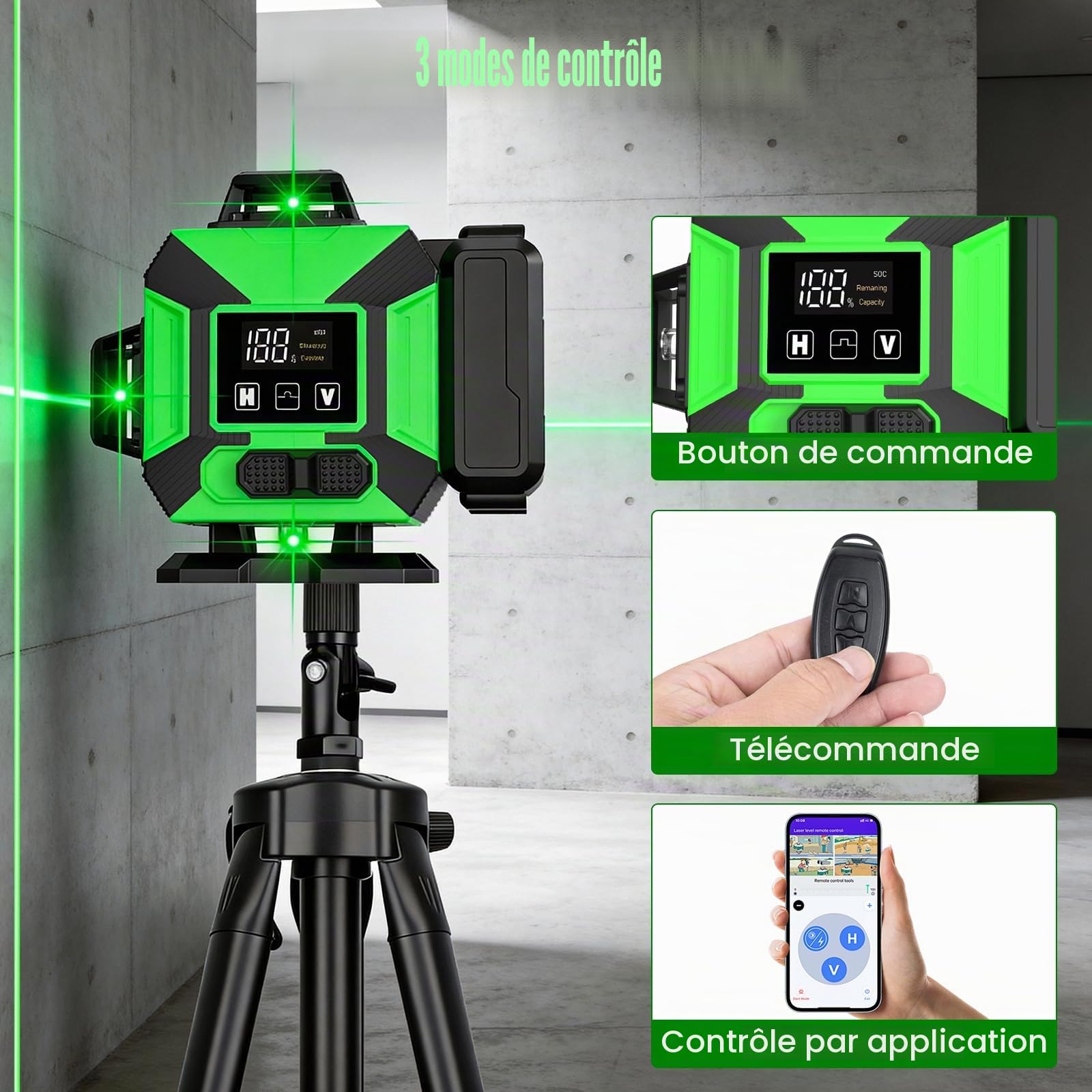 Niveau Laser avec Trepied 4 x 360°, Laser Chantier 4D 16 Lignes | 2xBatterie 3600mAh, Nivellement Automatique avec Support Mural, Support Rotatif, Télécommande, IP54 Étanche et Anti-Poussière