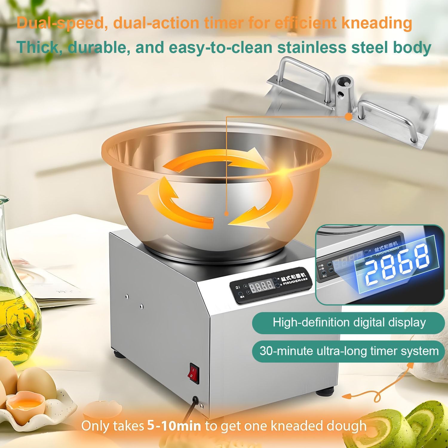 Impastatrice commerciale, impastatrice elettrica da 2200 W, con timer, impastatrice in acciaio inox, impastatrice a spirale elettrica da 1400 giri/min con doppia rotazione, per ripieno di gnocchi 8KG