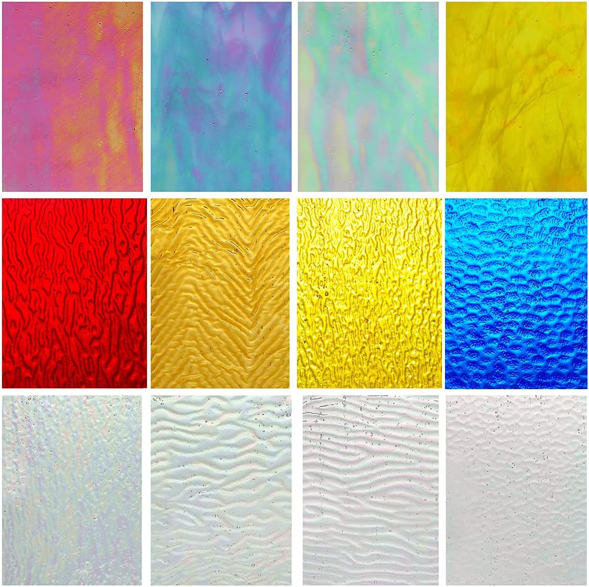 Lanyani 12 Sheets Iridescent Stained Glass Sheets, Cathedral Art Glass Packs for Mosaic Work Craft, Assorted Clear+Opaque+Colored Transparent