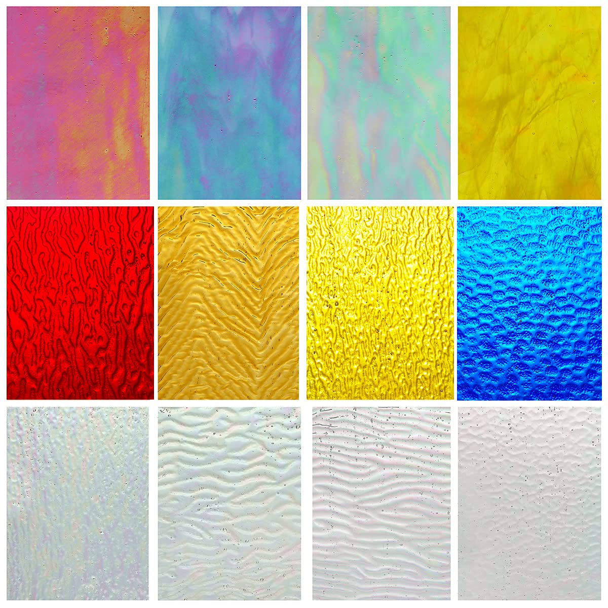 Lanyani 12 hojas de vidrieras iridiscentes, paquetes de vidrio de arte catedral para manualidades de trabajo de mosaico, surtido transparente + opaco + color transparente