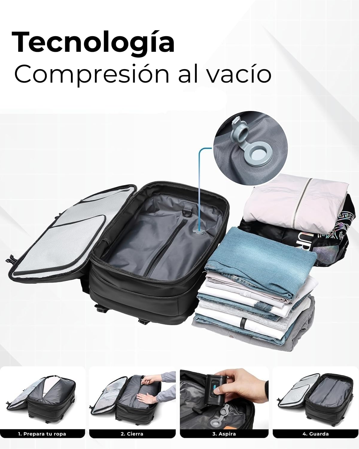 Mochila Viaje Cabina Avion 40x20x25 50L Compresión Al Vacío con Bomba, Mochila Al Vacío con USB, Impermeable, Maleta Cabina, Ryanair