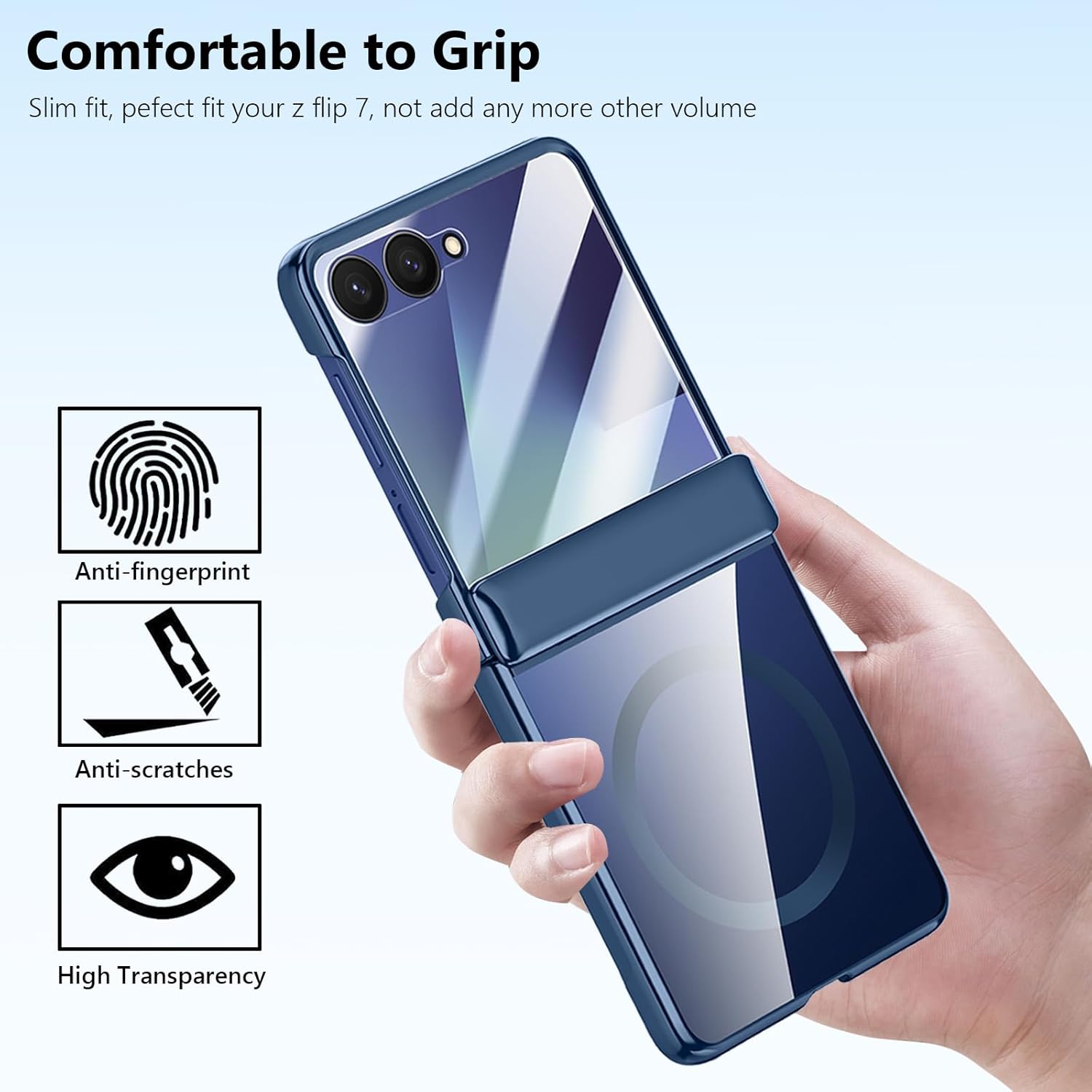 for Samsung Galaxy Z Flip 7 2025 Magnetic Case, Clear Phone Case with Magsafe Accessories, Screen Protector, Hinge Cover, Anti-Yellow, Full-Body Slim Thin Blue Case