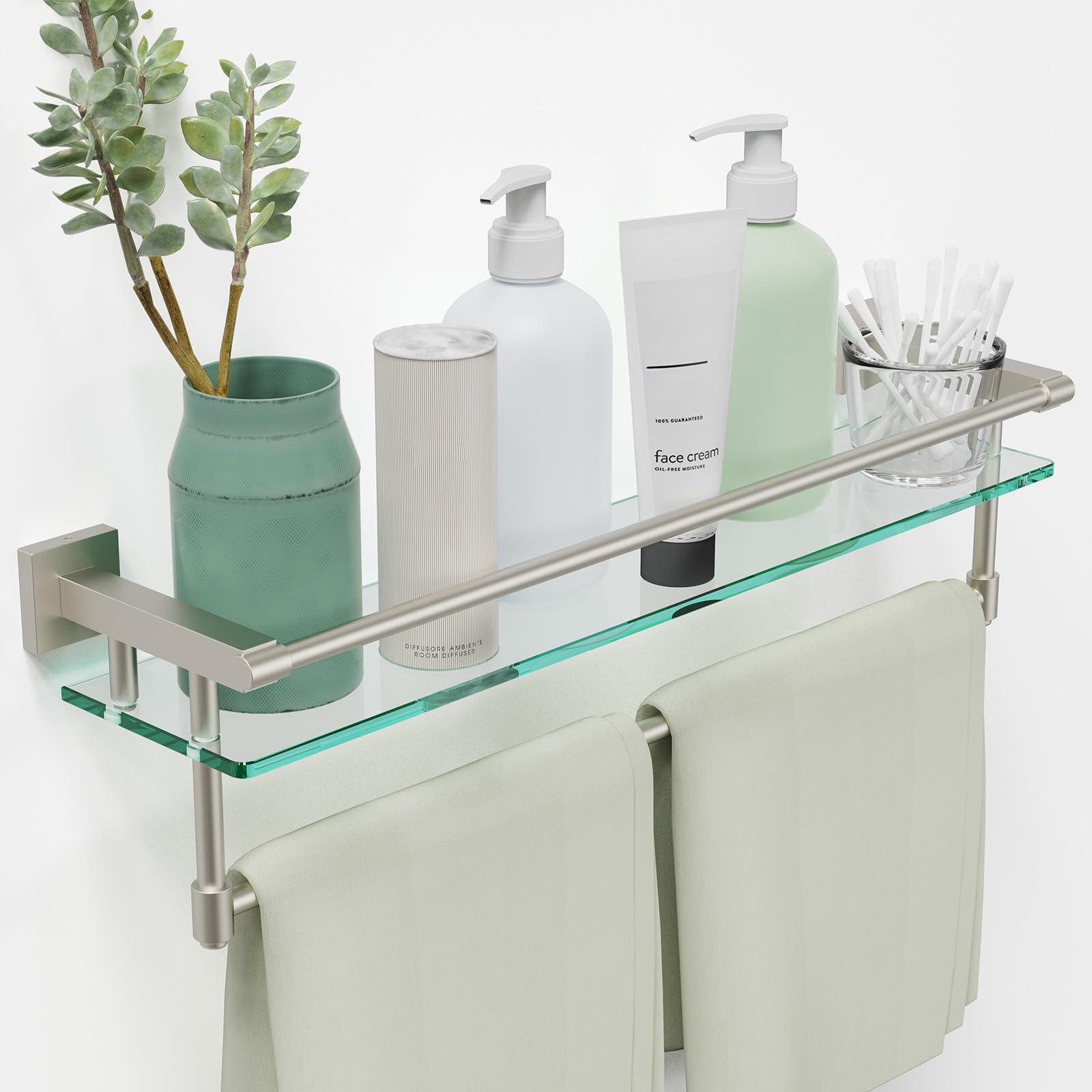 SFGSOWOR Bathroom Glass Shelf with Towel Bar, 24 inch Bathroom Glass Shelf Wall-Mounted Shelves Tempered Glass Sink Toilet Organizer Decorative Storage (Brushed Nickel, 24IN)