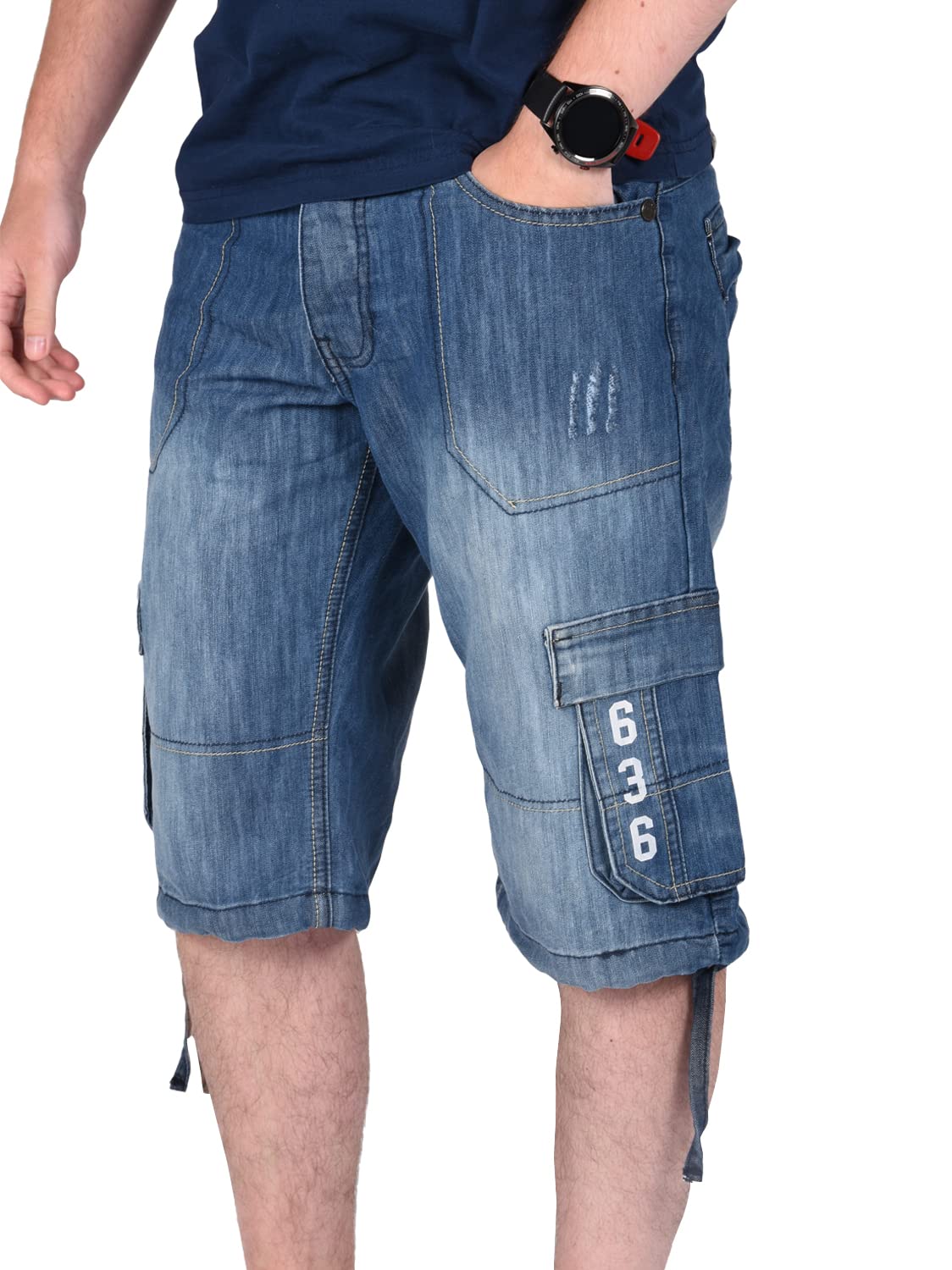 True Face Men's Stone Wash Shorts Cargo Pockets Denim Combat Chino Button Up Flat Front Army Workwear Knee Length Straight Leg Casual Summer Work Half Pants Bottom Size 42