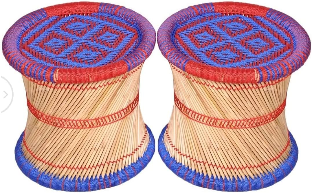Yash Mudda House Premium Luxury Handicraft by (Multicolour) Set-2 Stool | Natural Handmade Bamboo Mudda Stool for Furnishing