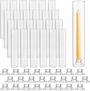 24 Set Glass Hurricane Candle Holders 11.8" Open Ended Glass Candleholder Tube Shape Bottomless and 1.26" Taper Clear Candlestick Holders for Wedding Party Table Centerpiece