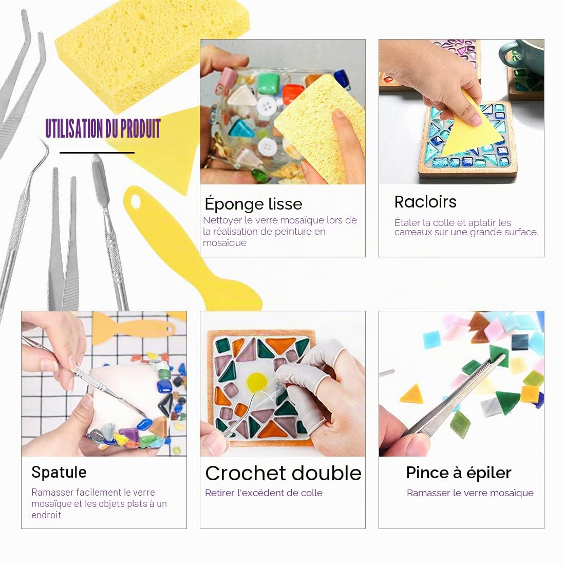 Swpeet Kit de 8 outils pour mosaïque, comprenant une pince coupe-mosaïque en verre très résistante, une pince coupante à roulettes, 2 grattoirs, 2 pinces à épiler, 1 crochet à double extrémité