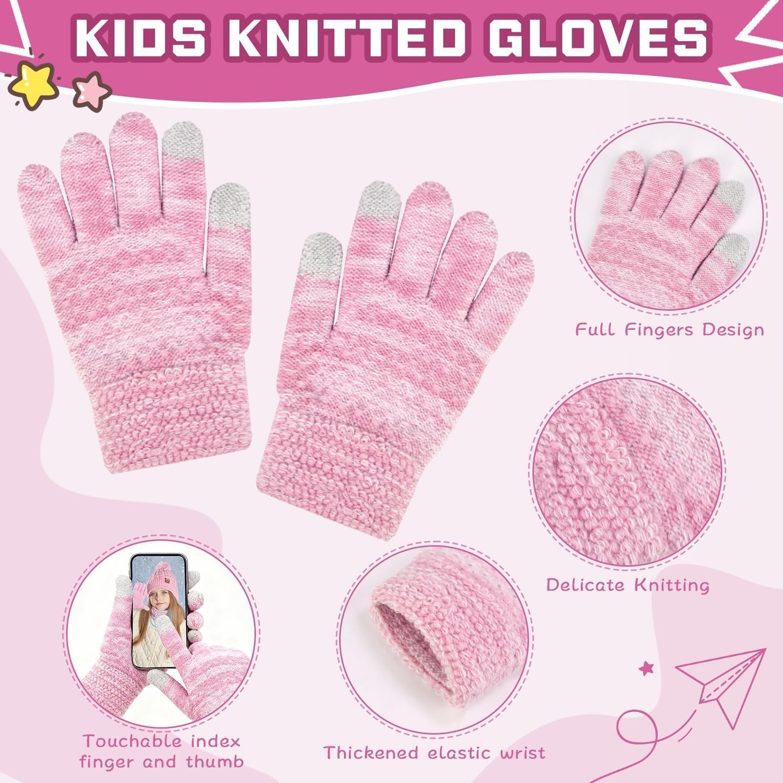 Conjunto Accesorios de Invierno 3 Piezas Niños Set Conjunto de Gorro Bufanda y Guantes Para Niños Gorro Punto Con Forro Cálido Bufanda Guantes Para 3-10 Años