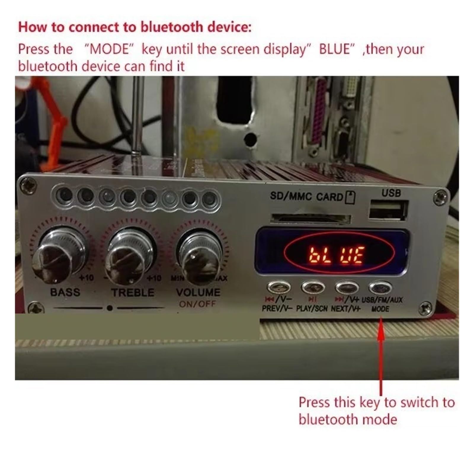 Wzmacniacz audio, DC12V Mini wzmacniacz Bluetooth Wzmacniacz słuchawkowy SD/USB Odtwarzanie radia FM z pilotem do samodzielnego montażu(Blauw)