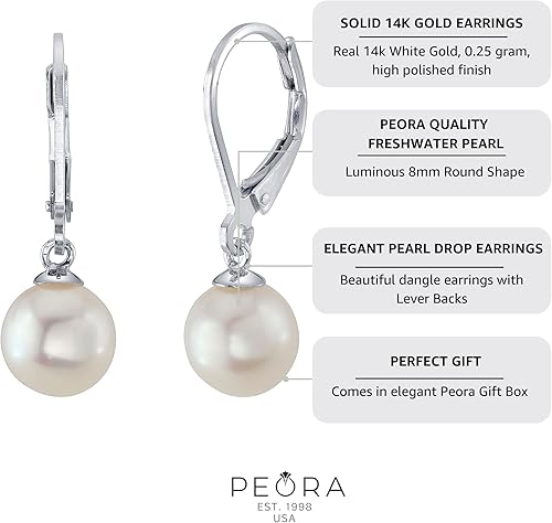 Miniatura 5 de Peora Aretes colgantes de oro macizo de 14 quilates de 0.315 in de agua dulce cultivada con perlas blancas para mujer, grado AAA