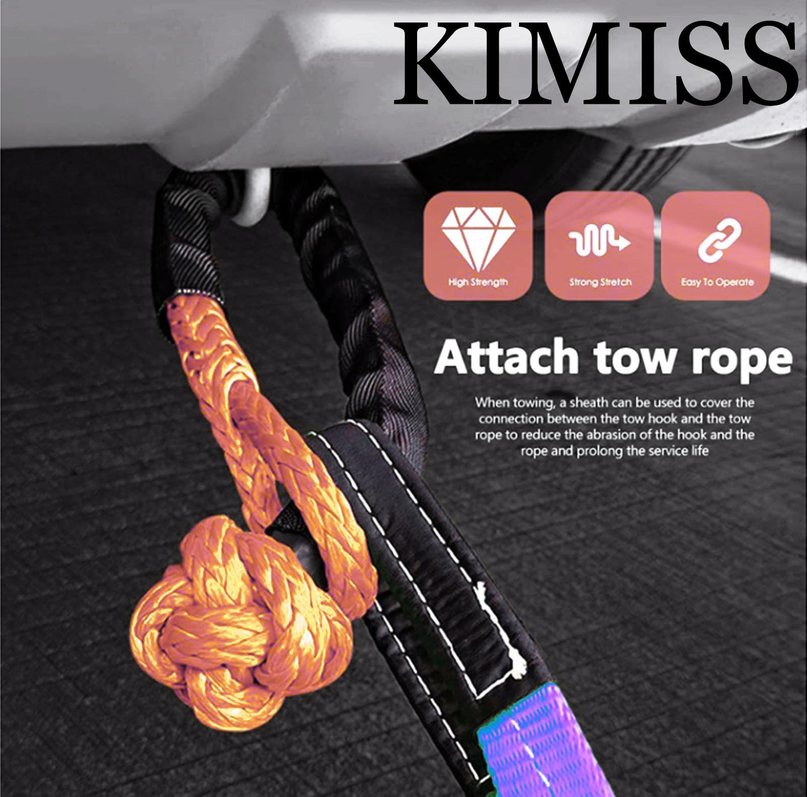 KIMISS Grillete Suave, 2 Grilletes Sintéticos Suaves de 21 Toneladas de Resistencia a la Rotura, Grillete de Cuerda Ligero y Flexible para Camiones, SUV, Vehículos Todoterreno
