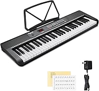 Pogolab 61-Key Compact Digital Piano Keyboard: 255 Sounds, 255 Rhythms, Beginner Kit with Stand, Note Stickers & Power Adapter - Black