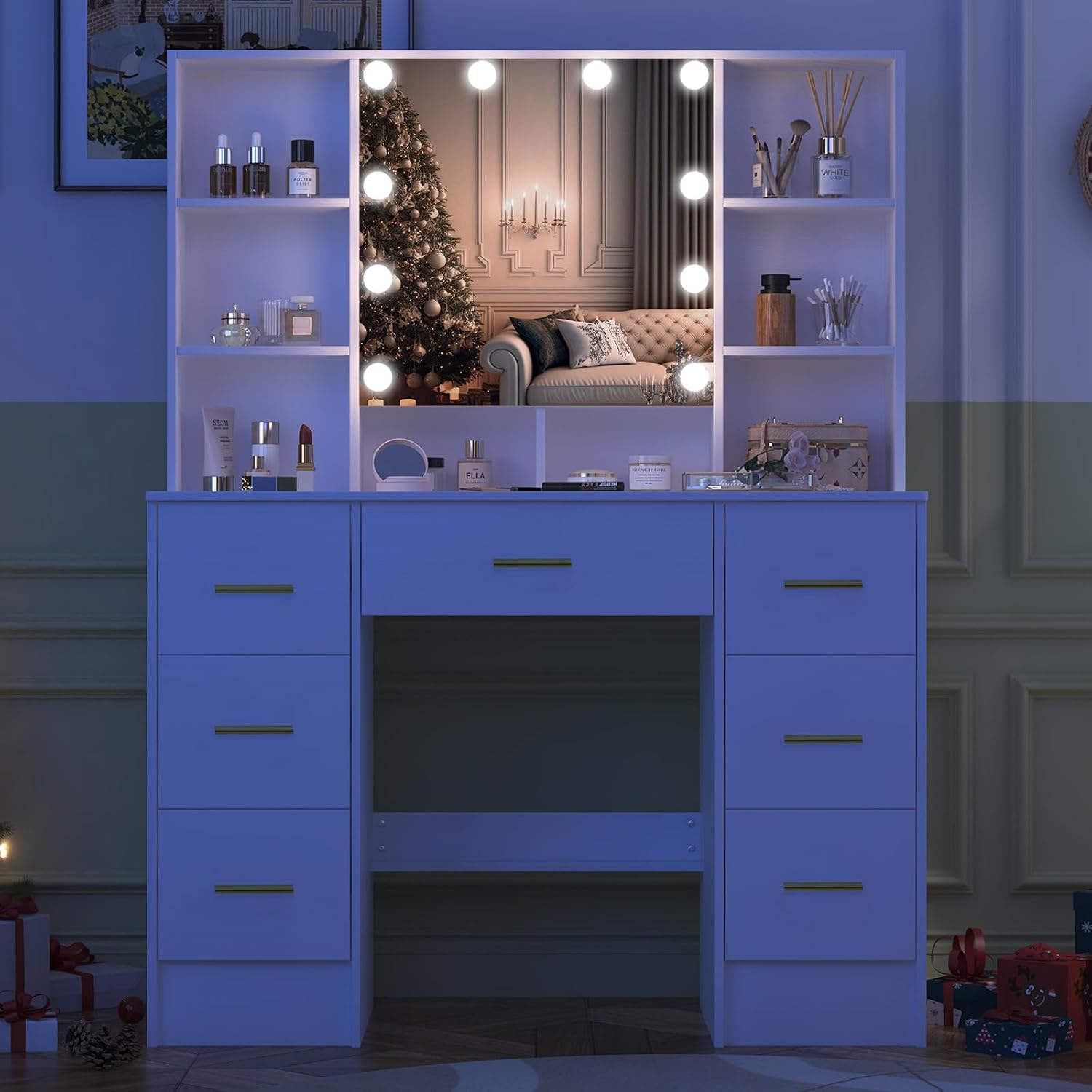 Koestem H3240-AX Makeup Vanity Desk with mirror and LED lights, shown in a room setting with various beauty products on display.