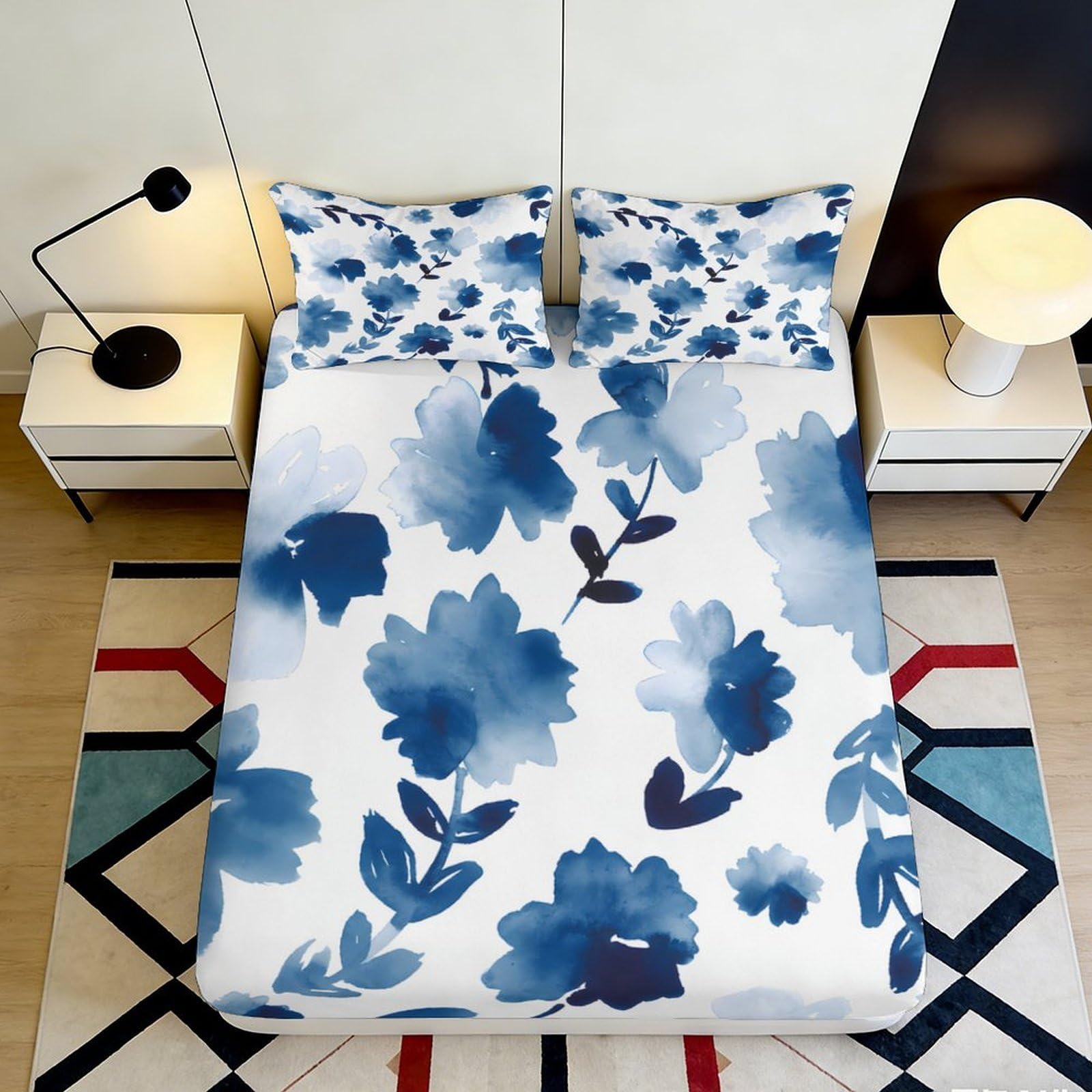 3D Printed Blue Watercolor Floral Fitted Sheet Microfiber Soft Decorative Abstract Leaf Bed Cover for Bedroom Guest Room 90x200x25cm