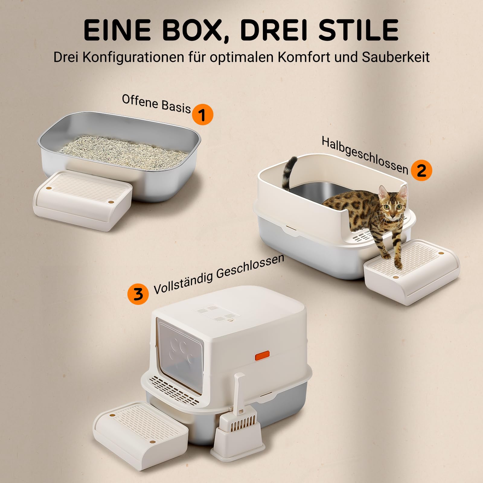 iPettie Katzenklo aus Edelstahl mit Deckel, XXL große Katzentoilette, geschlossenes Metall-Katzenklo mit Aktivkohlefilter zur Geruchskontrolle, leicht zu reinigen, inkl. Schaufel, 60 × 40 × 42 cm