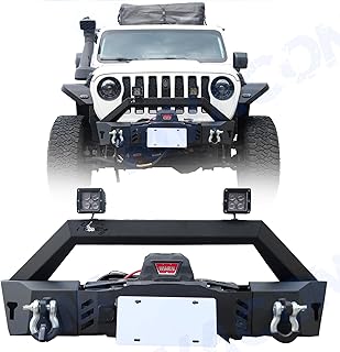 Wrangler Gladiator Front Bumper For Jeep 2018-2023 Wrangler JL & 2007-2018 JK & 2019-2023 Gladiator JT, HAWKLEY Stubby Front Bumper with 2x LED Light | 2x D ring | Winch Plate | License Plate Bracket
