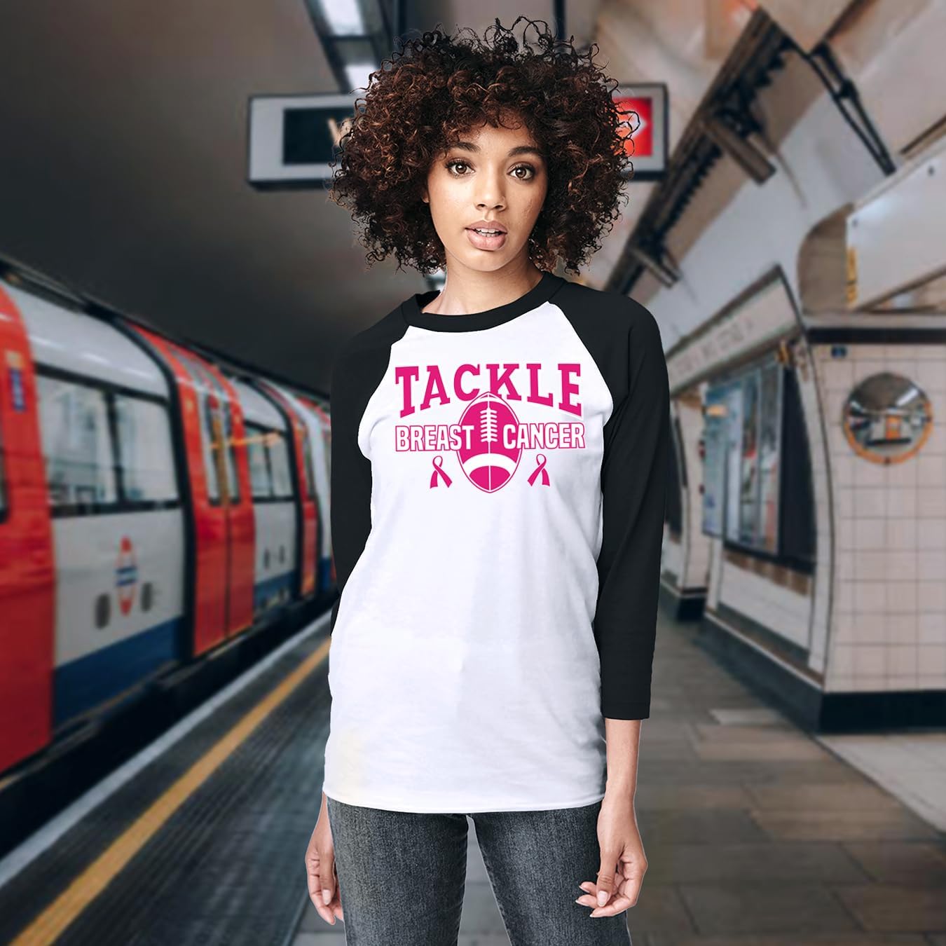 shop4ever Tackle Breast Cancer Baseball Shirt Support Awareness Raglan Tee Shirts