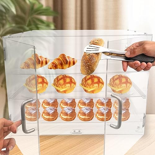 Miniatura 6 de Vitrina de pastelería, vitrina comercial de 3 bandejas para mostrador de panadería, caja de exhibición de acrílico con acceso a la puerta trasera y