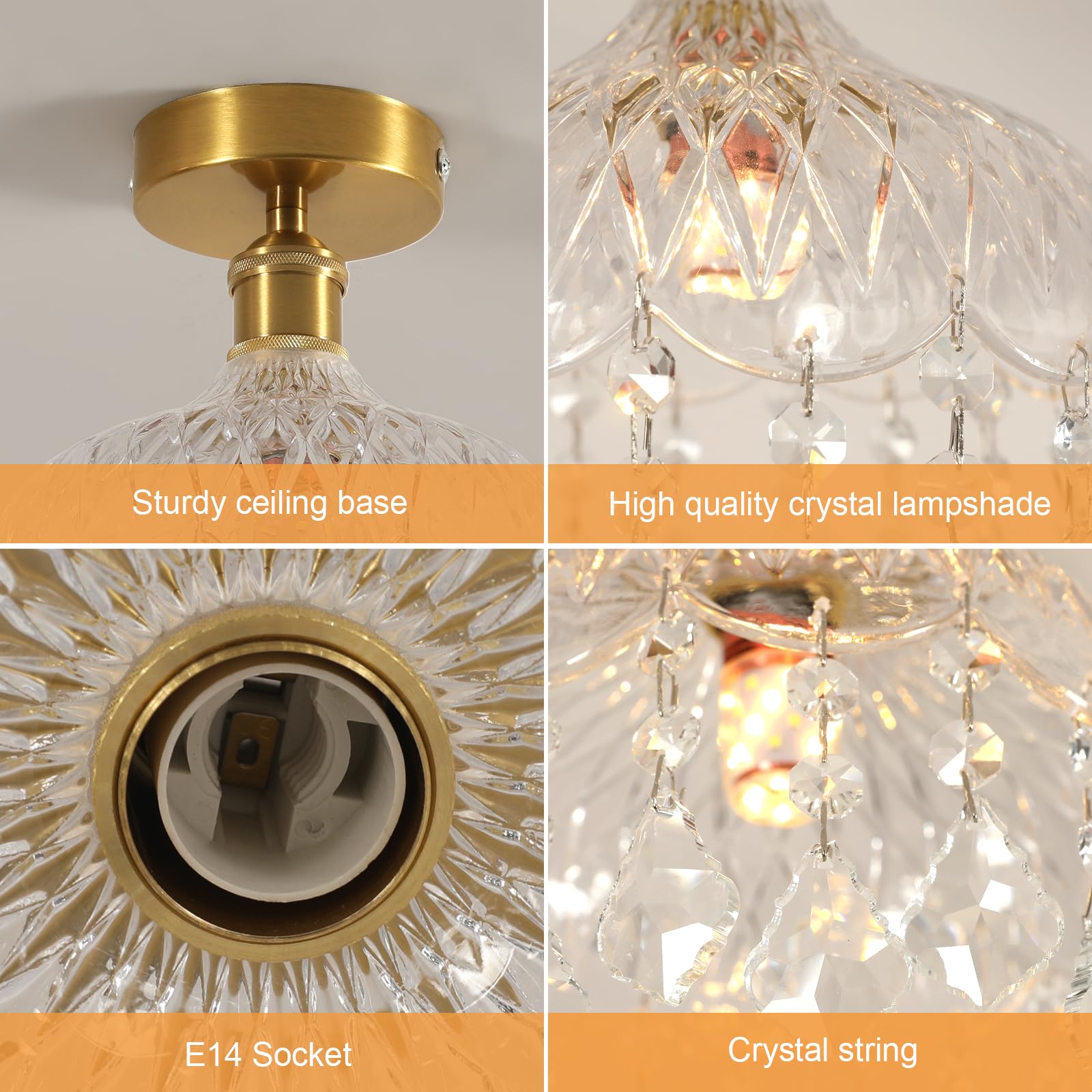 DELIPOP Lustre Plafonnier en Cristal, E14 Moderne Lampe de Plafond Design Cage, Doré Rétro Luminaire Plafonnier pour Chambre Salon Couloir Cuisine Salle à Manger