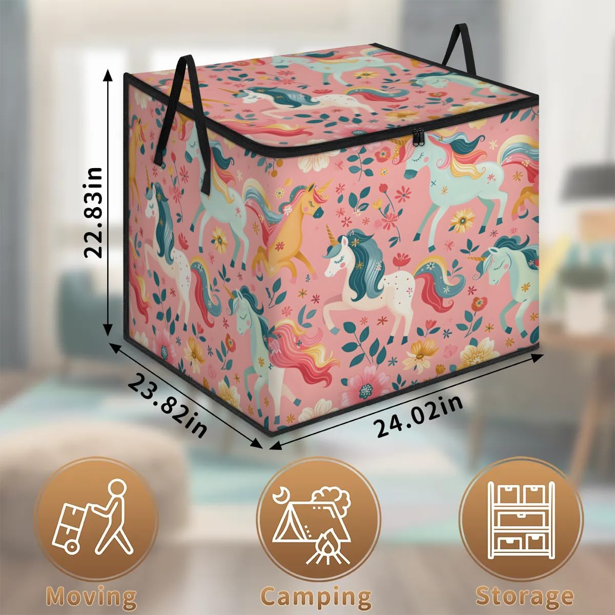 214L Extra Large Comforter Storage Bag Cute Horses Floral Storage Totes with Lids Waterproof Closet Organizer Folding Blanket Storage Bags for Clothes Bedding Pillows