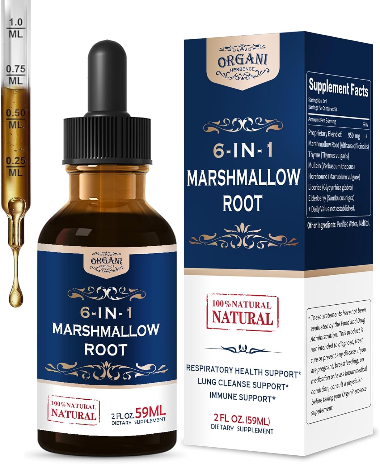 Marshmallow Root Extract Drops, 6-in-1 Marshmallow Root Blend for Respiratory Health Support, Lung Cleanse Support & Immune Support. Herbal Supplement w/Thyme Mullein Elderberry. 2 oz