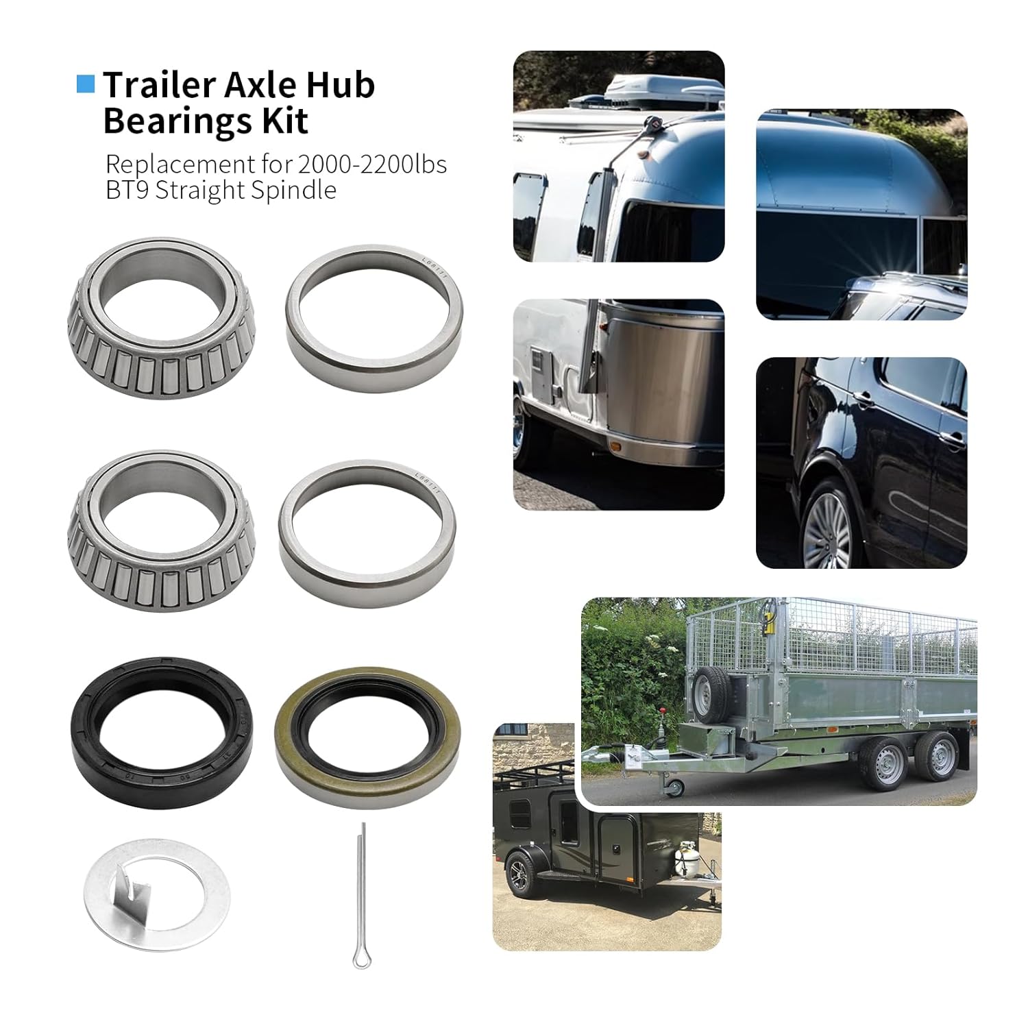 4Pcs for 1-1/16'' Axle Trailer Hub Bearings Kits, L44649/L44610 Bearings Set with D-Style Spindle Tang Washers, Replace for 2000-2200lbs BT9 Straight Spindle