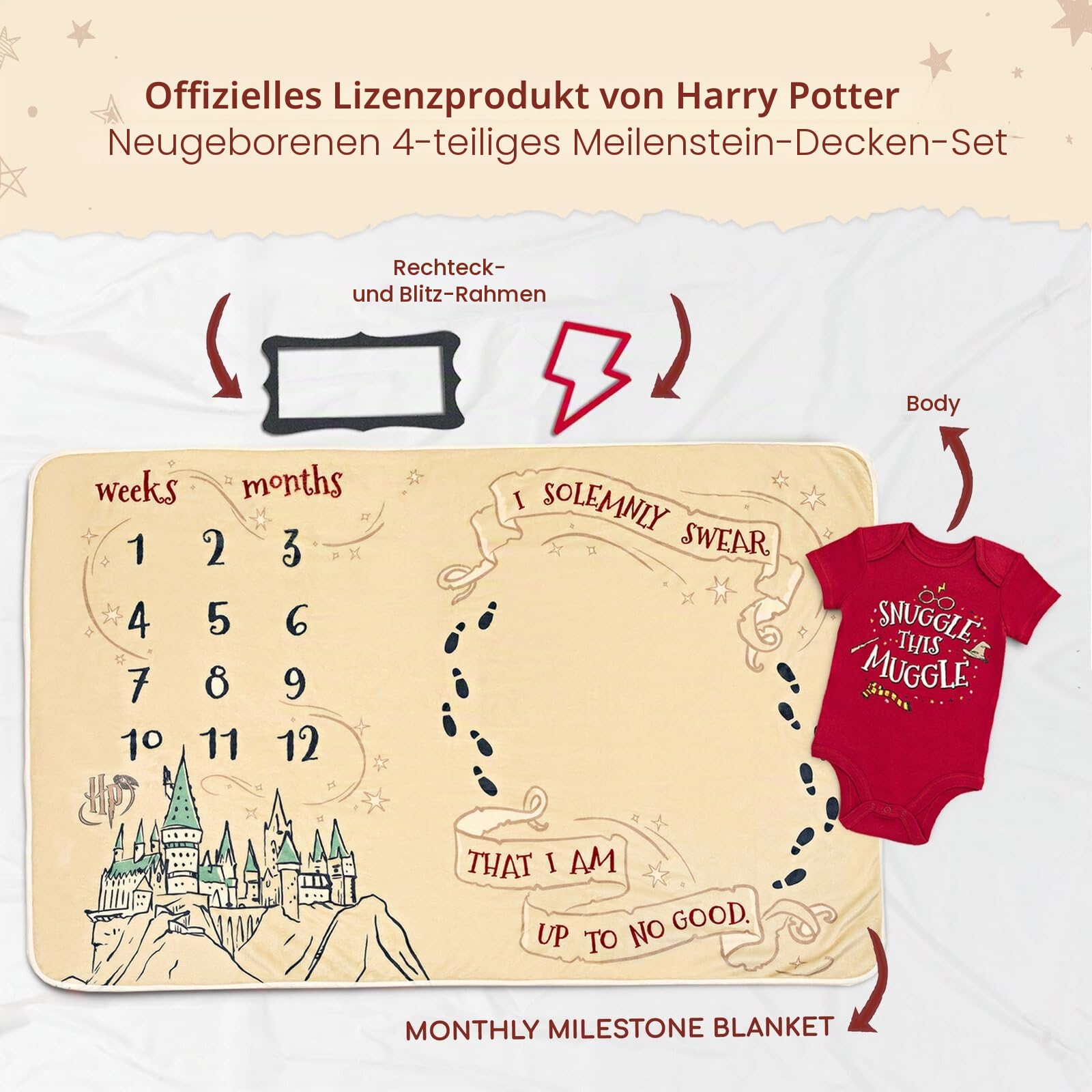 Harry Potter Baby-Body und monatliche Meilensteindecke, 4-teilig, für Neugeborene