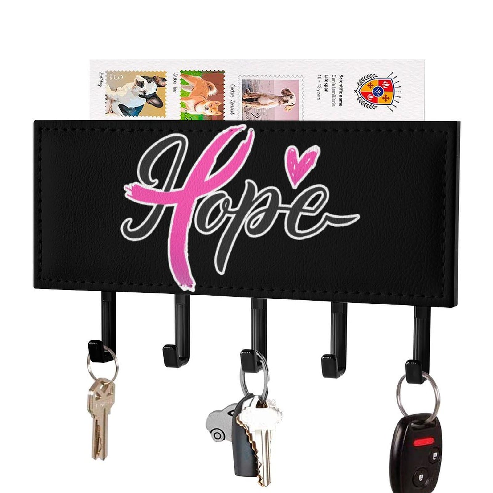 NCLQVJXZKHW Hope Breast Cancer Awareness Key Holder with 5 Hooks Key Hooks Wall Mounted Key Racks Key Hanger Organiser Shelf