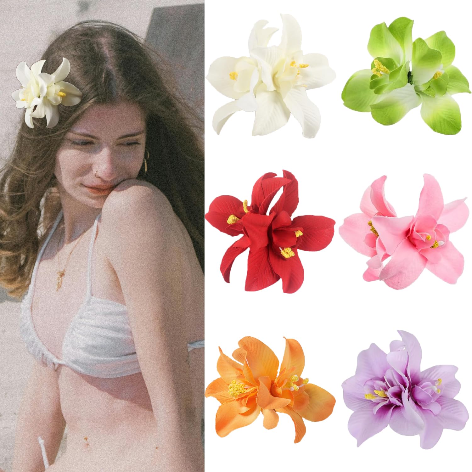 6Pcs Hawaiian Flower Hair Clips for Women,Plumeria Hair Clips Hibiscus Hair Barrettes, 3.5 Inch Boho Artificial Flower Clips, Cute Hair Accessories for Women Girls Summer Vacation Beach Party