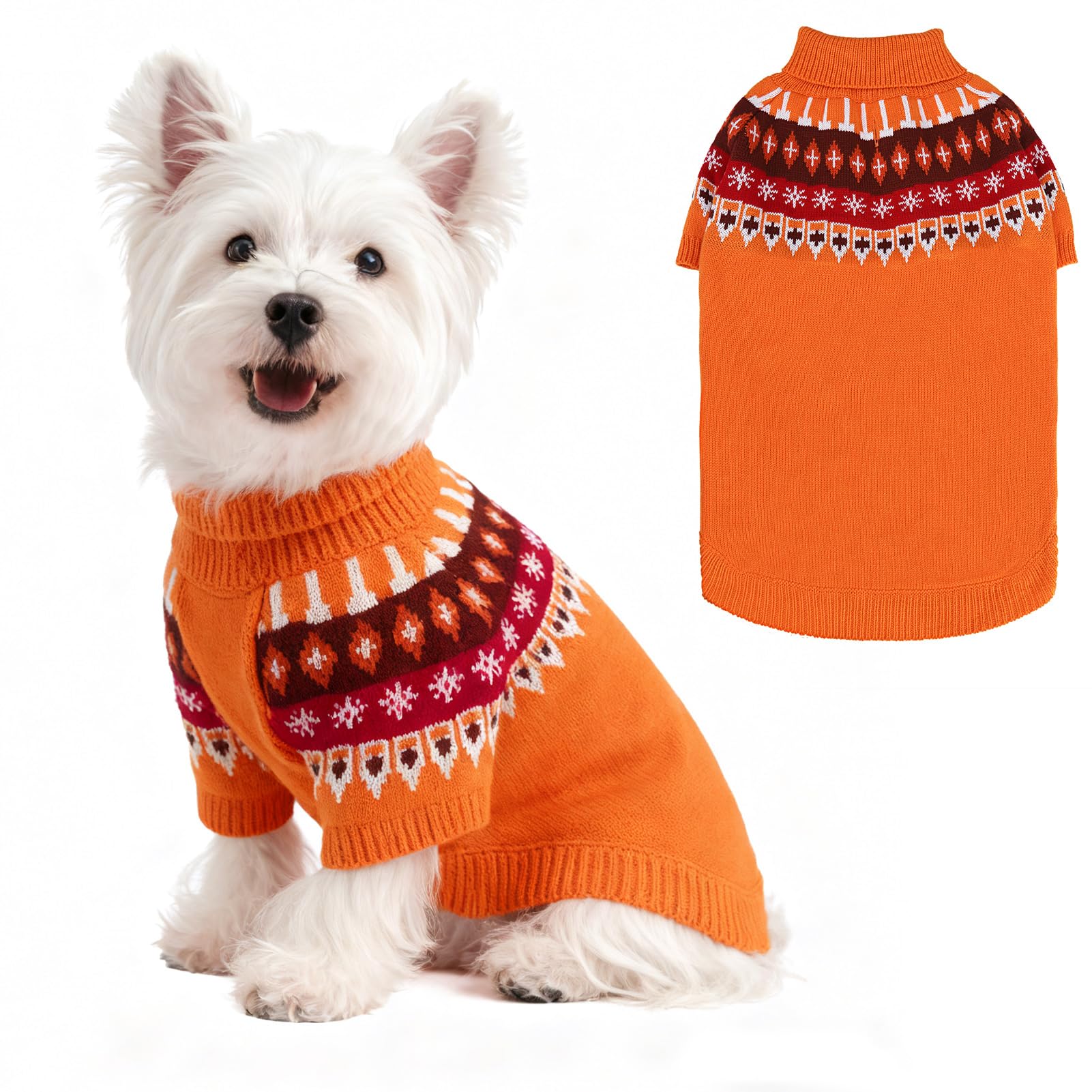 EXPAWLORER Turtleneck Dog Jumper - Knitted Dog Clothes in Classic Fair Isle Patterns, Warm Comfortable Puppy Jumper Pet Sweater with Sleeves, Winter Pet Outfit Pullover for Dogs Cats, Orange Large