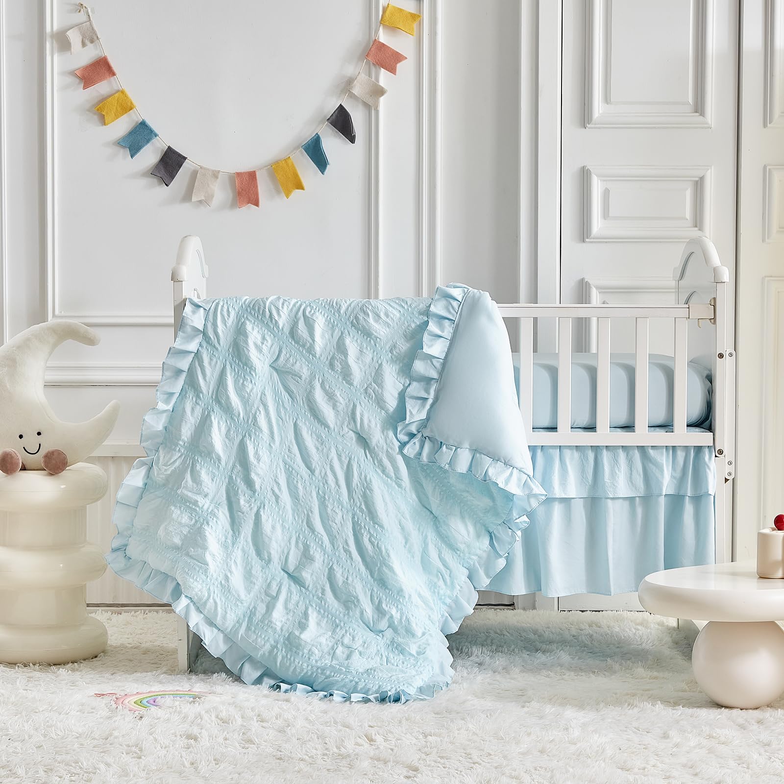 Photo 1 of Ruffled Mini Crib Bedding Set Baby Boho Quilted Comforter with Fitted Sheet and Bed Skirt - Cute Soft Breathable Seersucker Shabby Chic Bedding Soft Blanket Only for Mini Crib - Blue