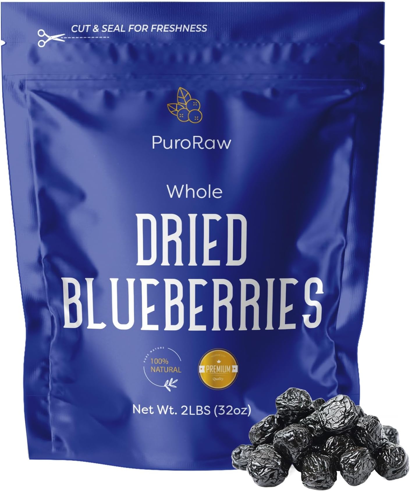 PuroRaw Dried Blueberries No Sugar Added, 2 lbs. Blue Berries Fruit, Dehydrated Blueberries Fresh Dried Blueberries Bulk, Blueberry Raisins. All Natural, Non-GMO, Batch Tested, 2 pounds