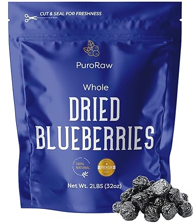 PuroRaw Dried Blueberries No Sugar Added, 2 lbs. Blue Berries Fruit, Dehydrated Blueberries Fresh Dried Blueberries Bulk, Blueberry Raisins. All Natural, Non-GMO, Batch Tested, 2 pounds