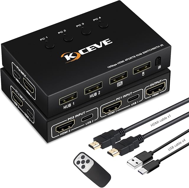 4 Ports KVM Switch, 4K@60Hz HDMI KVM Switcher Box For Share Mouse Keyboard And Monitor, With USB 2,0 Hub Connect, Compatible With Windows/Linux/Mac System etc, With Remote Control