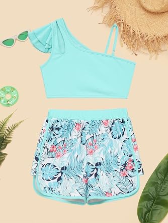 Girls Athletic 2 Pcs Swimsuits Ruffles One Shoulder Crop Top with Shorts Tankini Sets