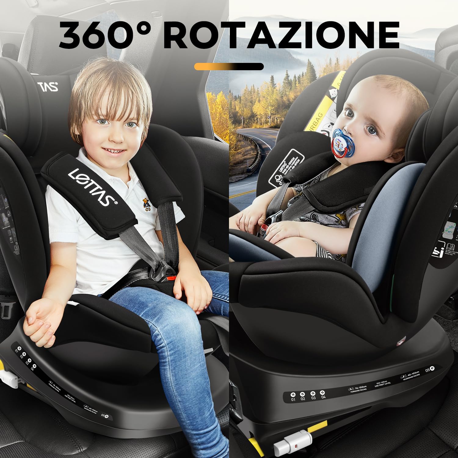 LETTAS i-Size Seggiolino Auto Girevole 360, 0-12 anni, 40-150 cm, con Poggiatesta Regolabile, Isofix e Top Tether ECE R129