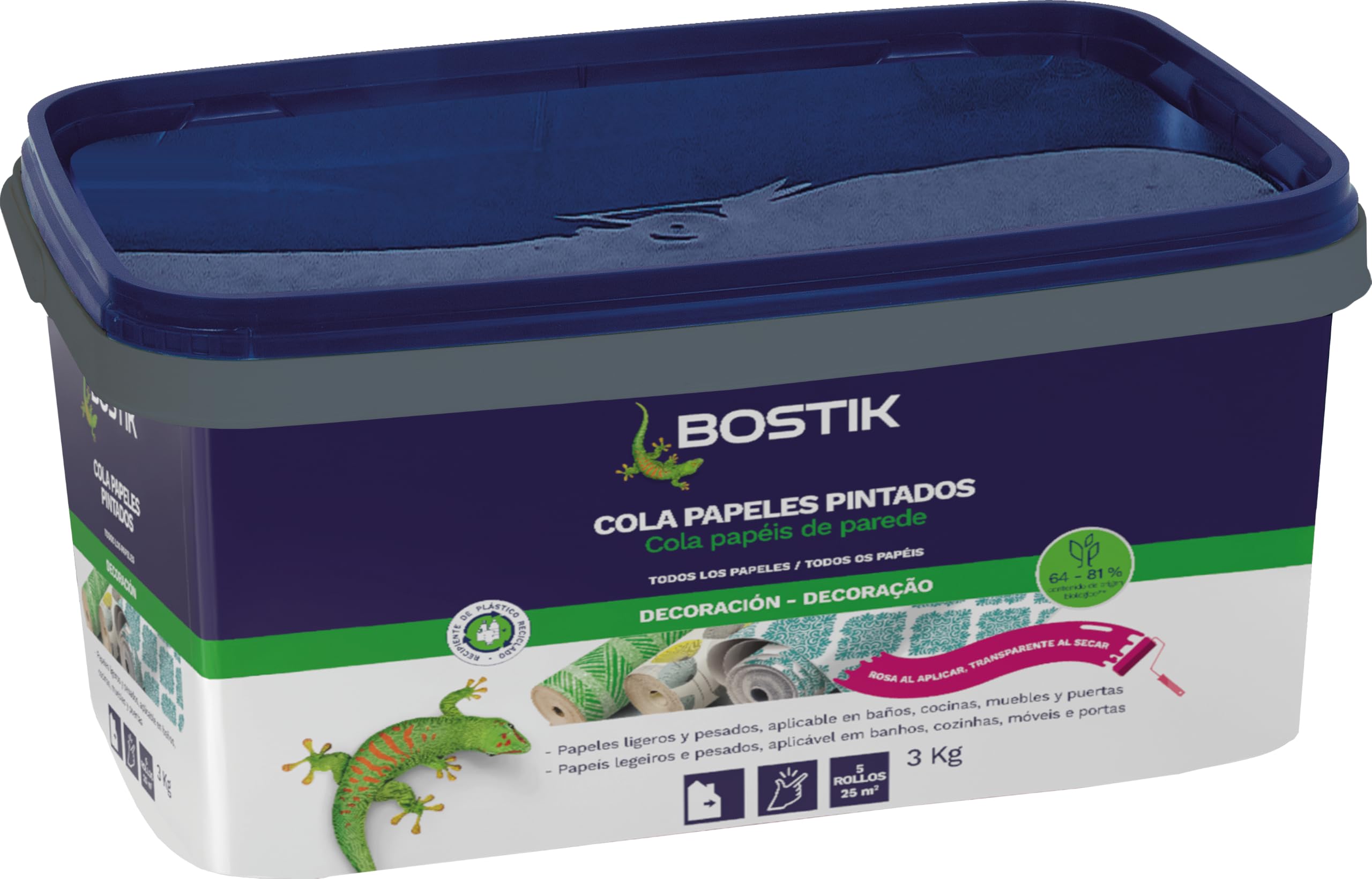 Bostik, Tapetenkleister, alle Arten von Tapeten, feuchtigkeitsbeständig, gebrauchsfertig, zur Verwendung mit Rolle oder Pinsel, Tapetenkleister, Rosa, 3 kg Flasche