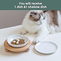 Vista 6 de Raised Ceramic Wide Whisker Friendly Cat Dishes, Food&Water Bowl with 2 Style Stand Adjustable Pet Bowl Set(1Dish+1Shallow Dish+Stand, White