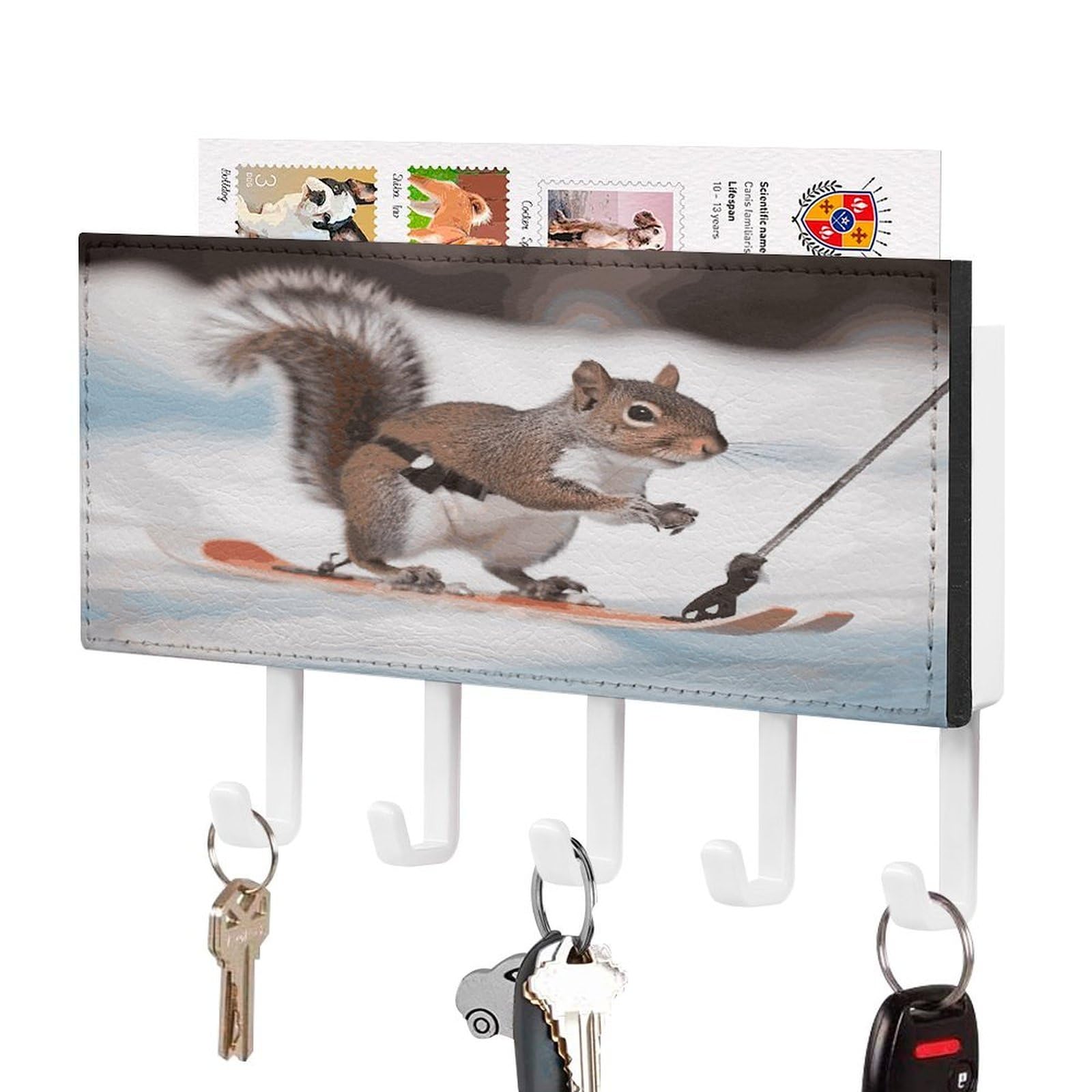 LDGSUPH Skiing Squirrel Key Holder Wall Mount Key Hanger with 5 Hooks Fashion Key Organizer Rack Hanging Key Hooks with Mail Organizer Key Rack for Home Entryway Hallway White-Style