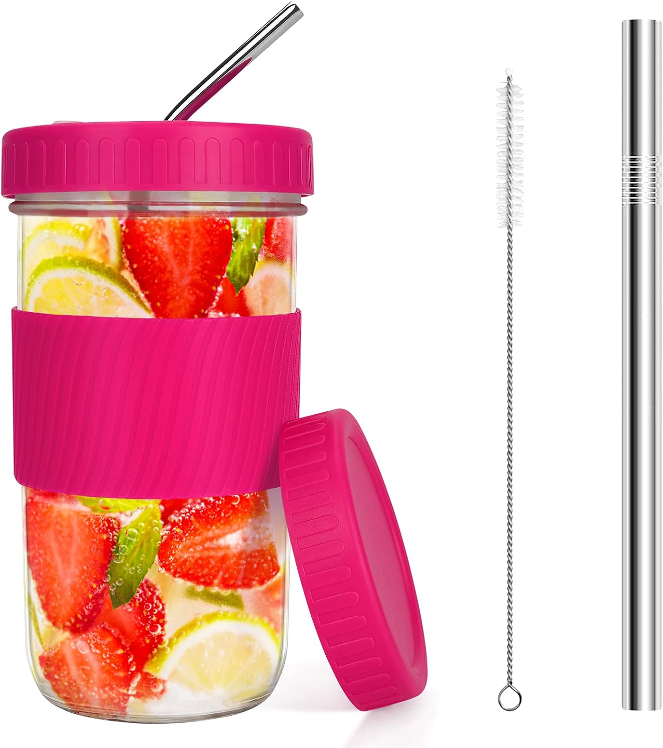 Brynnl Drinking Glasses Reusable Mason Jar Cups with 2 Lids and Straws