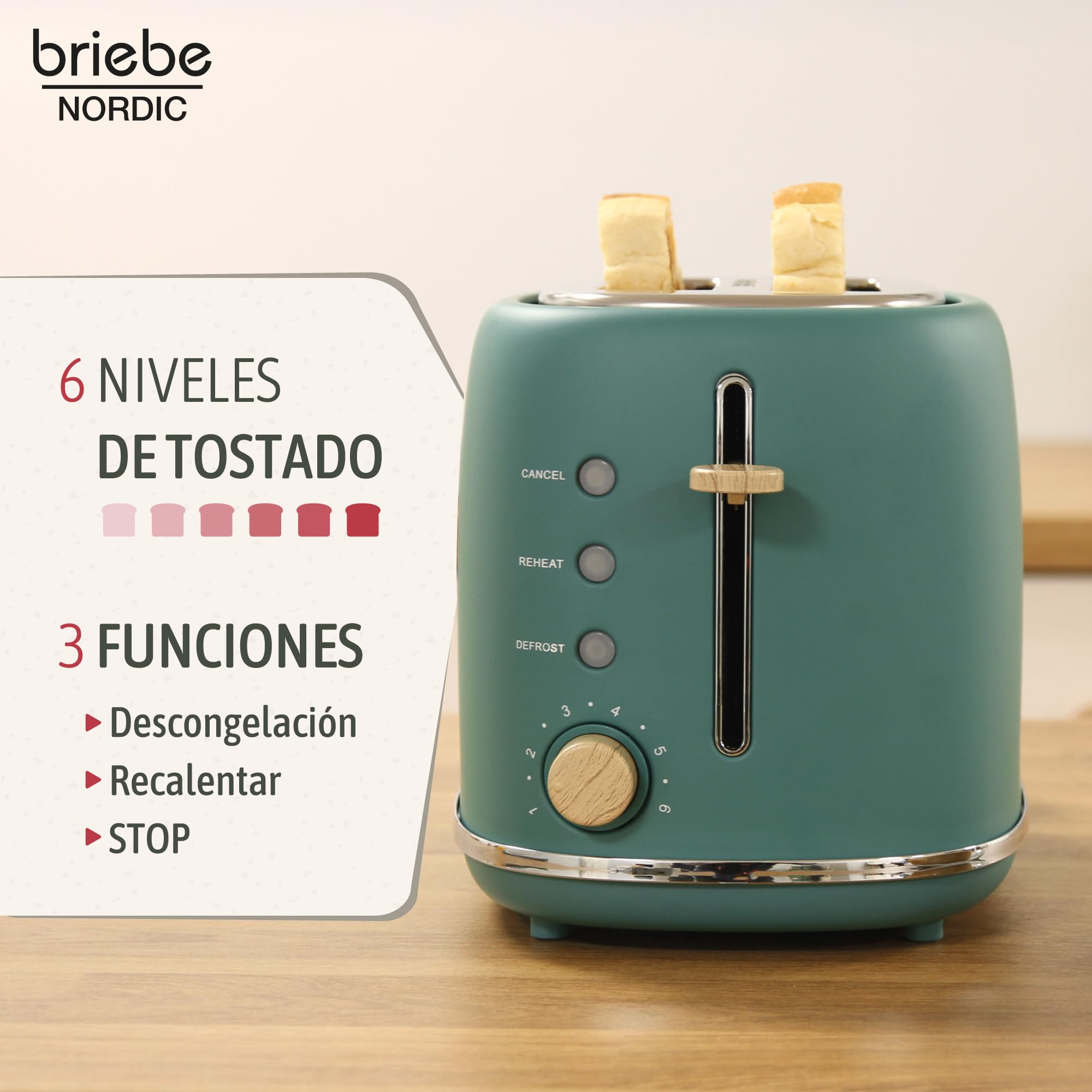 briebe Nordic Set Tostadora Pan Ranura Ancha 2 Rebanadas, 6 Niveles Tostado + Tetera Silbante 2,3 L Infusiones, Acero Inoxidable, Inducción, Libre BPA, Pack Desayuno Diseño Nórdico Verde
