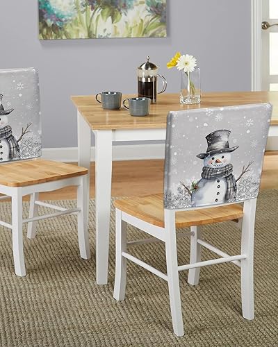 Miniatura 5 de Juego de 6 fundas para sillas de Navidad, diseño de muñeco de nieve gris, para comedor, diseño de bayas de Navidad, fundas extraíbles para sillas de