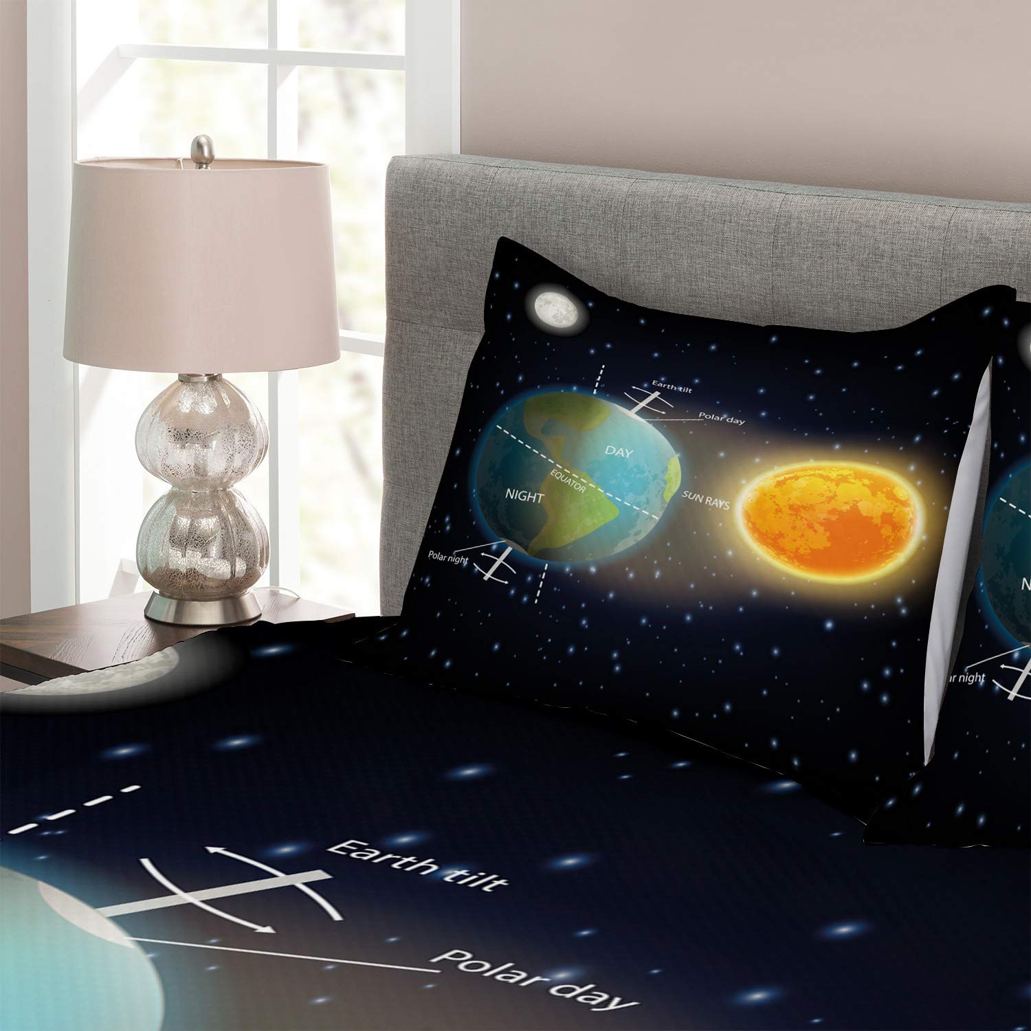 Arazzo Parete/copriletto Astronomia 150x110 Cm – Stelle, Terra, Luna, Razzo, Lavabile, Grigio Carbone