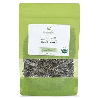 Biokoma Organic Plantain Dried Leaves 50g 1.76oz Plantago Lanceolata Herbal Tea USDA Organic Respiratory Digestive Skin Support Detox Resealable Moisture Proof Pouch No Preservatives No GMO Kosher