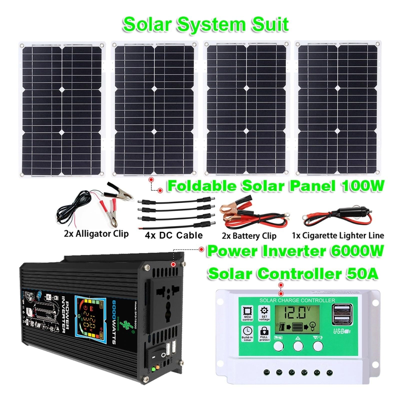 Kit Inversor Solar Completo 6000W con Panel 100W Y Controlador 50A