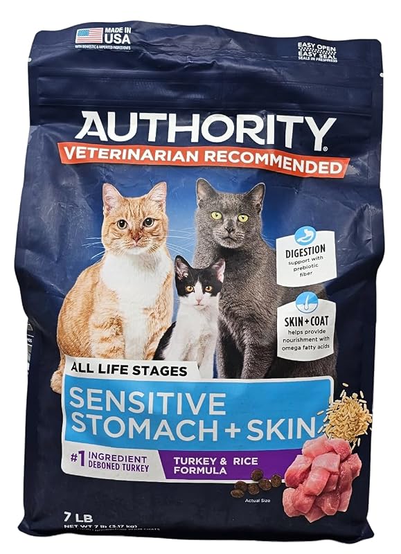 Ração seca para gatos Authority, fórmula de peru e arroz para estômago e pele sensíveis, 3,18 kg