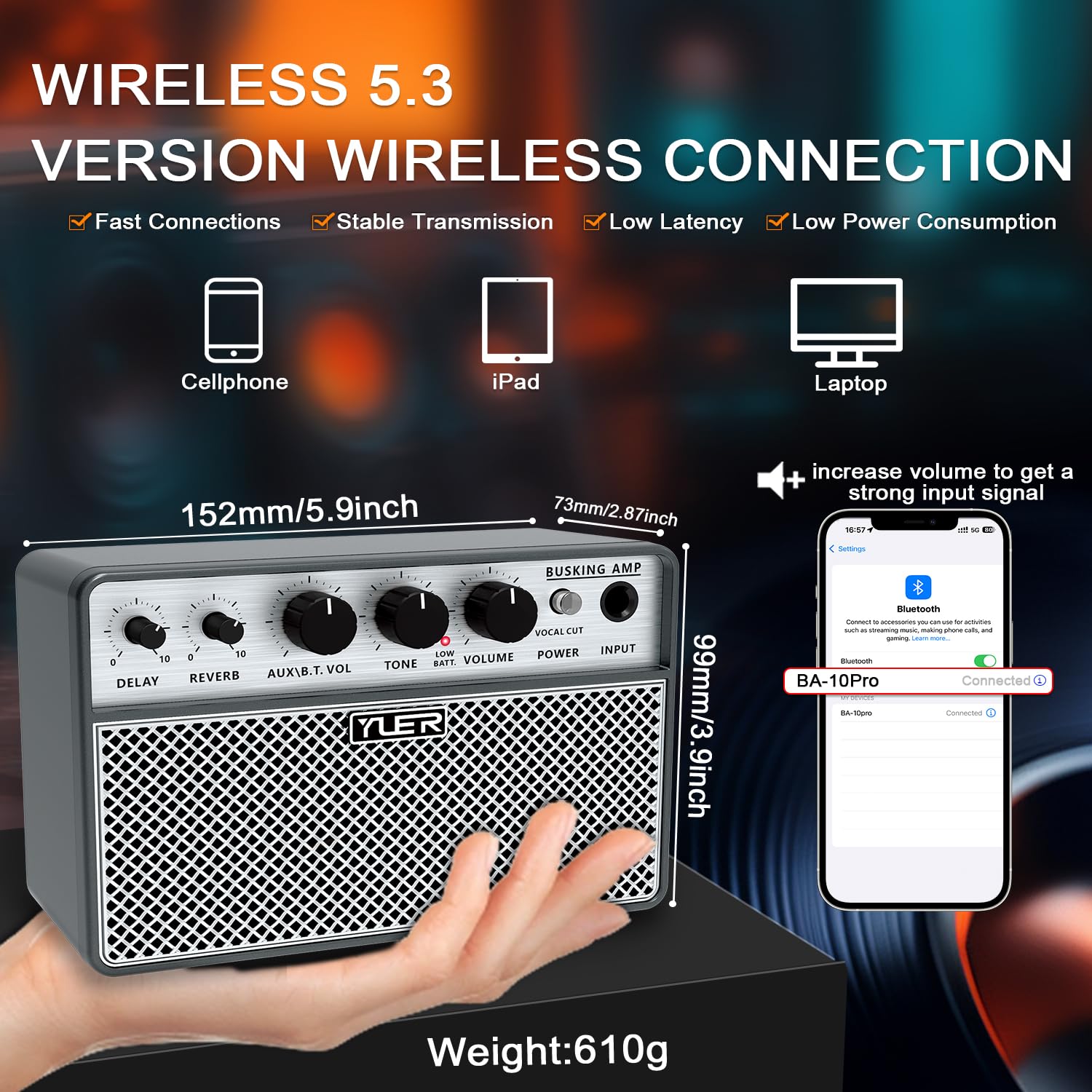 Yuer BA-10Pro 10W Akustikgitarren-Verstärker Tragbarer Gesangs- & Gitarrenverstärker mit digitalem Verzögerung/Reverb-Effekt Kopfhöreranschluss/OTG für Aufnahme, Praxis, Reisegitarren-Verstärker mit