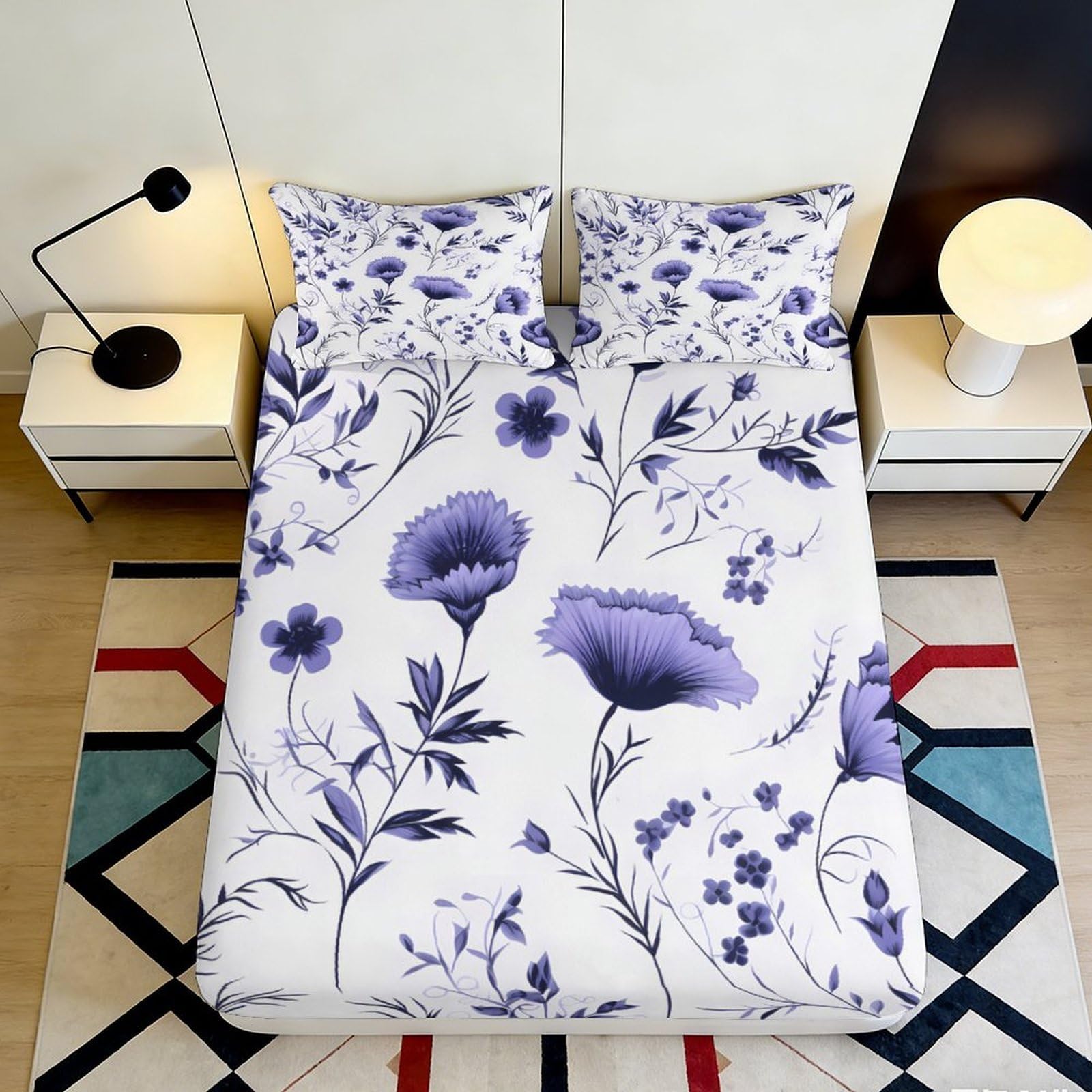 Pnayamiorkfel Style-2 3D Printed Purple Floral Fitted Sheet Microfiber Soft Breathable Violet Blossom Mattress Cover For Bedroom Dorm Decor 90X200x25cm
