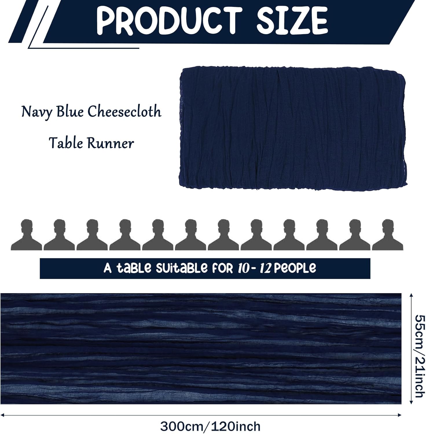 12 Pack 120 Inch Navy Blue Cheesecloth Table Runner Boho Rustic Gauze Sheer Romantic 10 FT Long Cheese Cloth Table Runner for Bridal Baby Shower Wedding Party Birthday Holiday Home Easter Decor